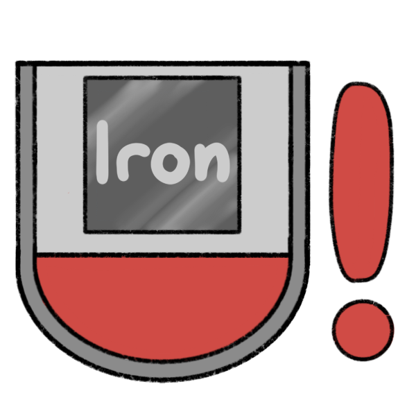 a grey container with a rounded bottom, partially filled with red liquid, with a shiny grey box that reads “iron.” There is a red exclamation point next to it. 